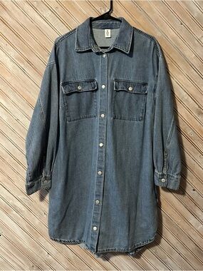 &Denim Blue Denim Long Sleeve Button Up Shirt Dress Pockets Collar
